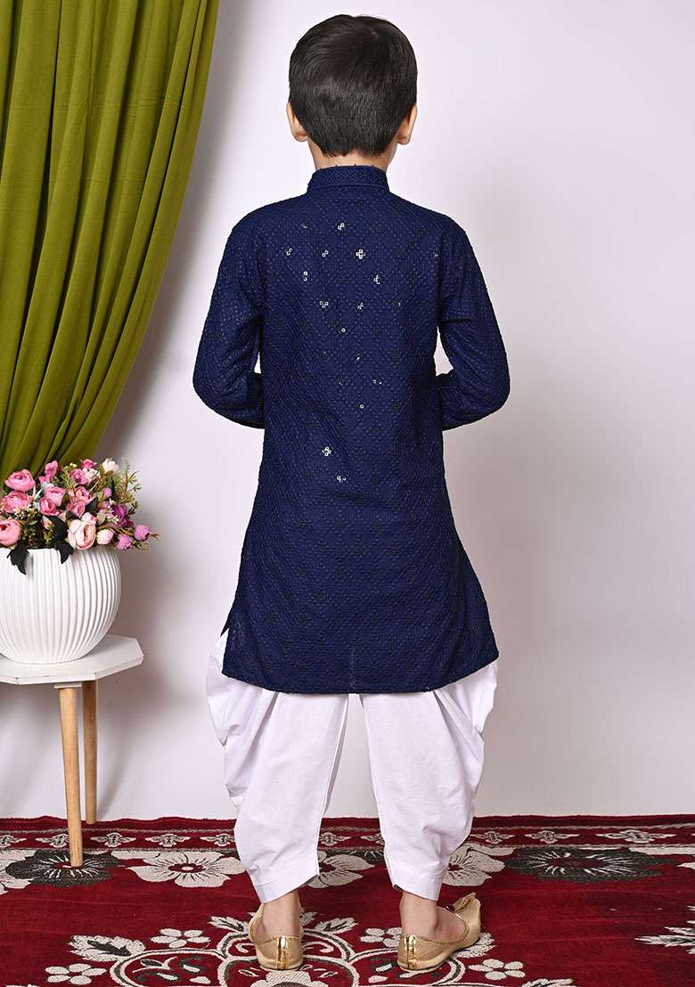 Navy Blue Embroidered Cotton Kurta Set For Boy - Indya