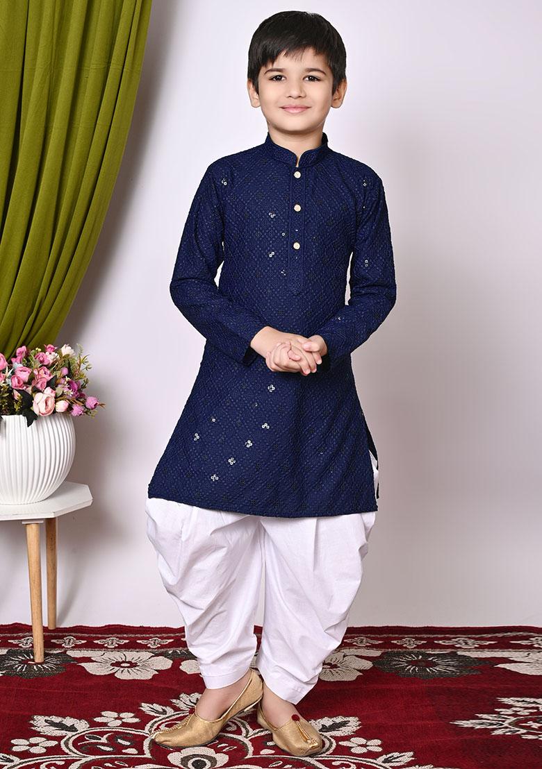 Navy Blue Embroidered Cotton Kurta Set For Boy