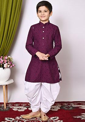 Wine Embroidered Cotton Kurta Set For Boy