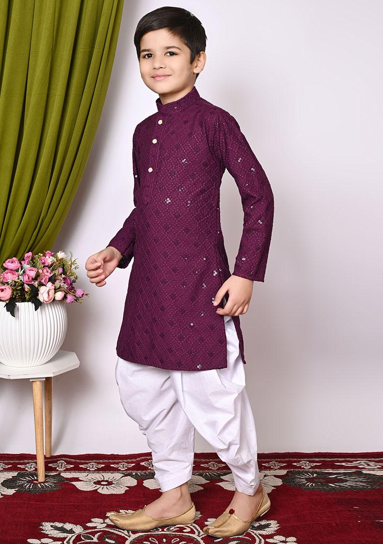 Wine Embroidered Cotton Kurta Set For Boy
