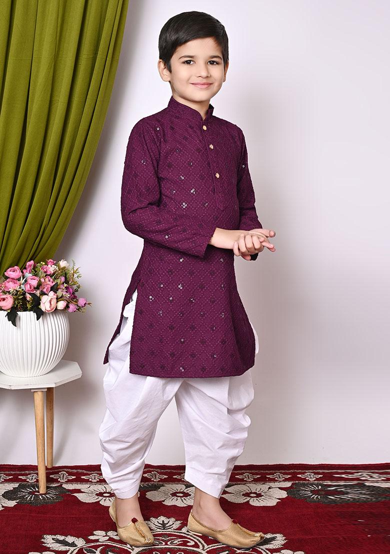 Wine Embroidered Cotton Kurta Set For Boy