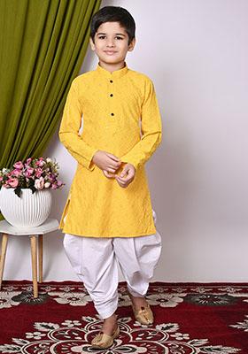 Yellow Embroidered Cotton Kurta Set For Boy