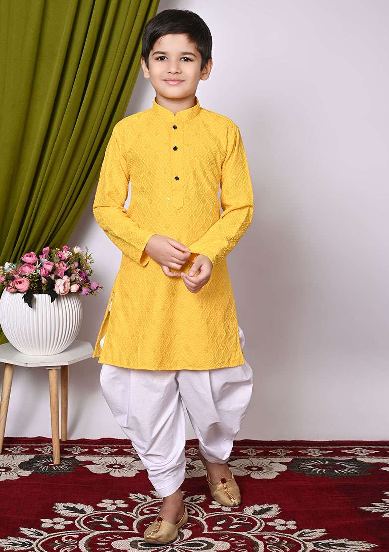Yellow Embroidered Cotton Kurta Set For Boy - Indya