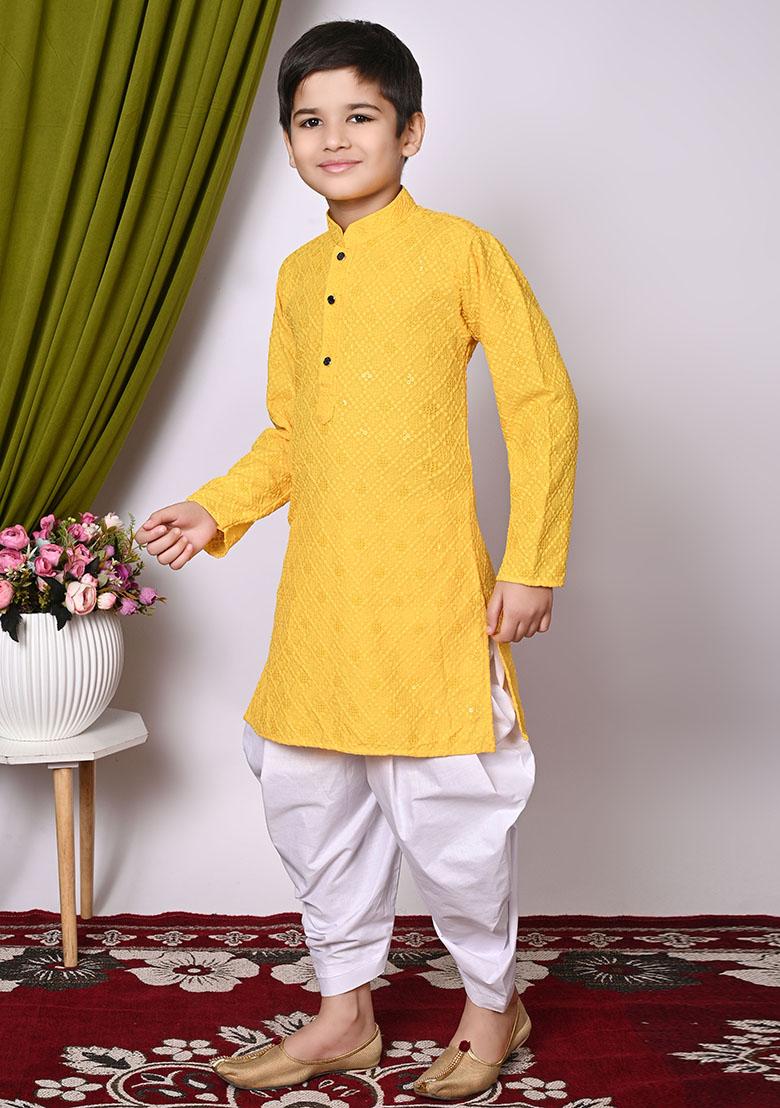 Yellow Embroidered Cotton Kurta Set For Boy