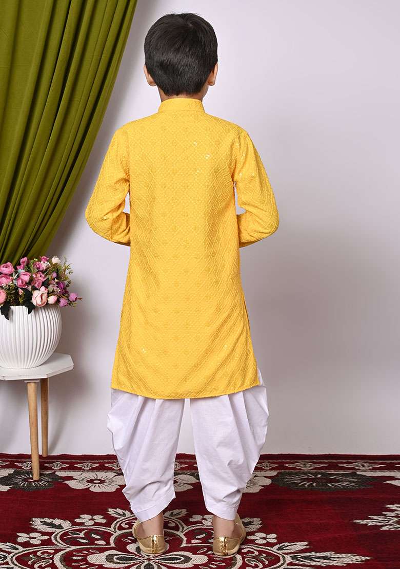 Yellow Embroidered Cotton Kurta Set For Boy - Indya