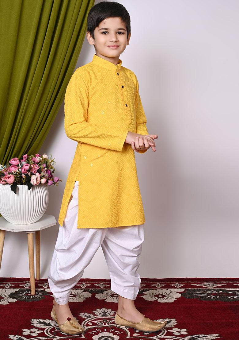 Yellow Embroidered Cotton Kurta Set For Boy