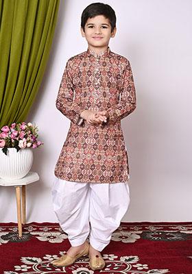 Maroon Embroidered Cotton Kurta Set For Boy