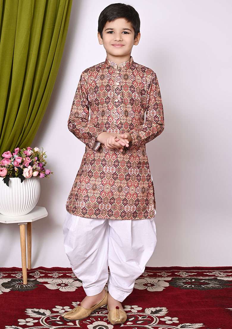 Maroon Embroidered Cotton Kurta Set For Boy - Indya