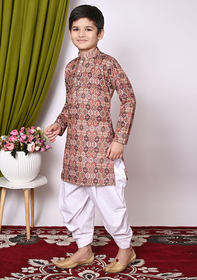 Maroon Embroidered Cotton Kurta Set For Boy