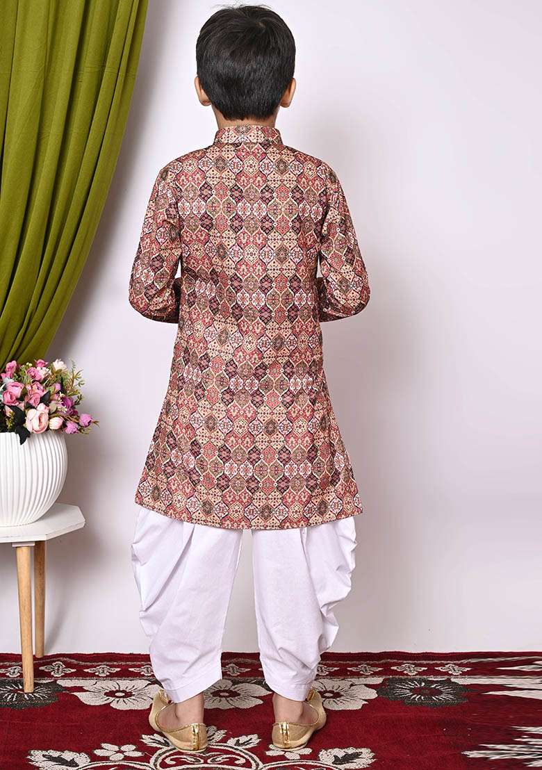 Maroon Embroidered Cotton Kurta Set For Boy - Indya