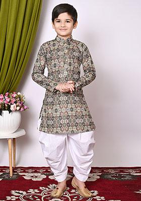 Deep Green Embroidered Cotton Kurta Set For Boy