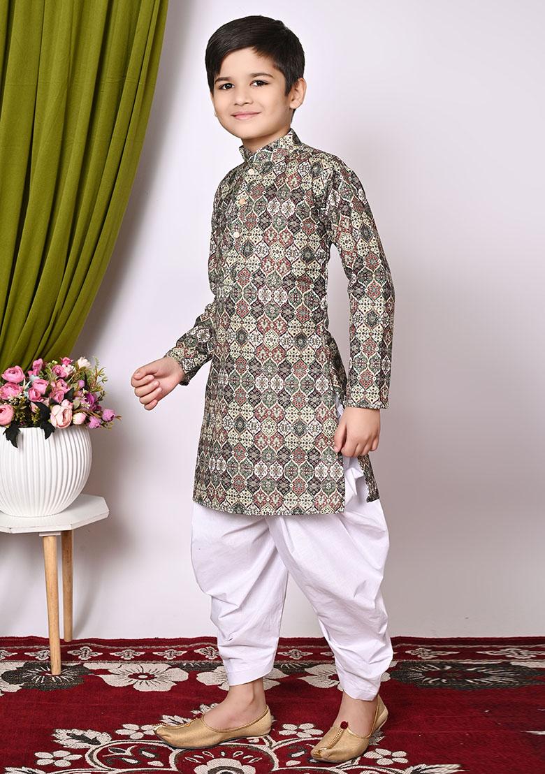 Deep Green Embroidered Cotton Kurta Set For Boy