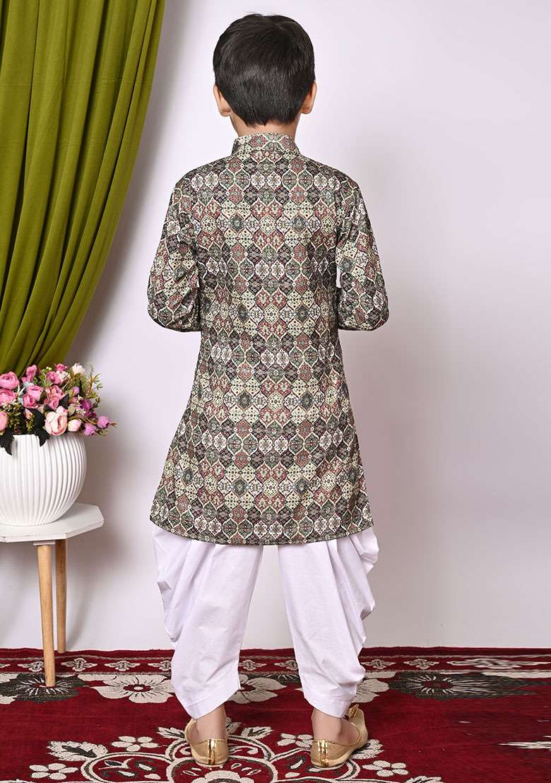 Deep Green Embroidered Cotton Kurta Set For Boy - Indya