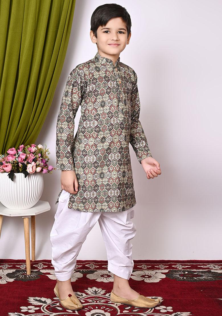 Deep Green Embroidered Cotton Kurta Set For Boy