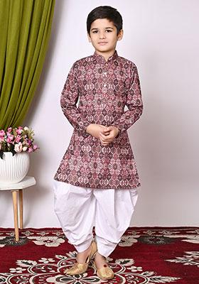 Peach Embroidered Cotton Kurta Set For Boy
