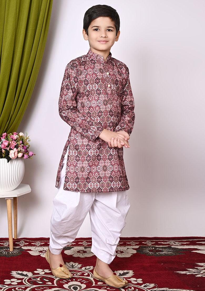 Peach Embroidered Cotton Kurta Set For Boy