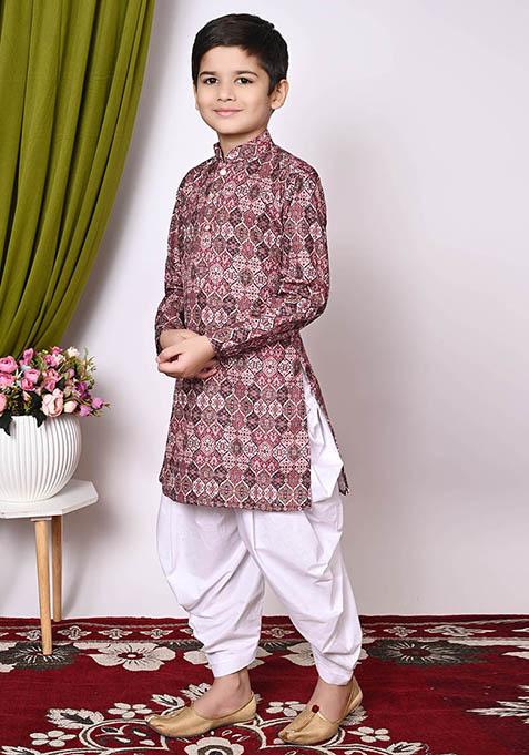 Peach Embroidered Cotton Kurta Set For Boy