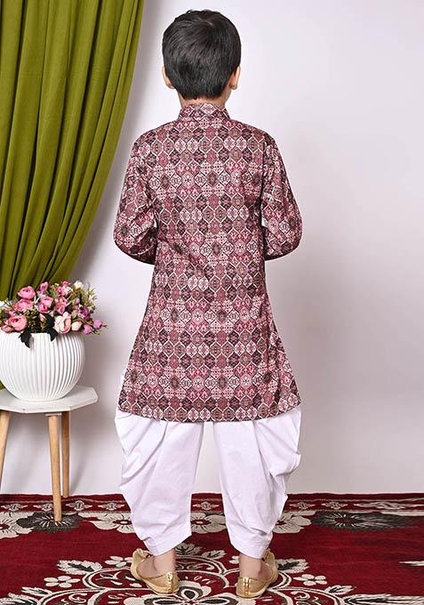 Peach Embroidered Cotton Kurta Set For Boy