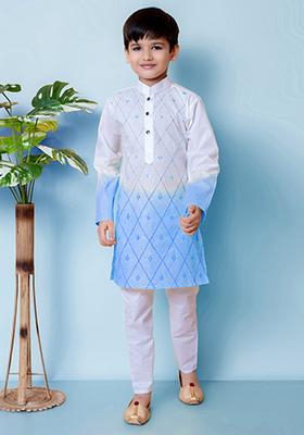 Blue Embroidered Cotton Kurta Set For Boy