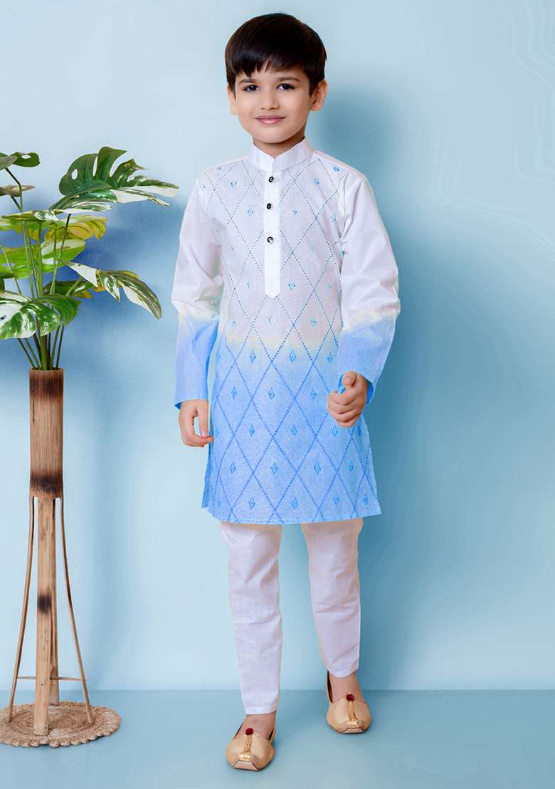 Blue Embroidered Cotton Kurta Set For Boy - Indya