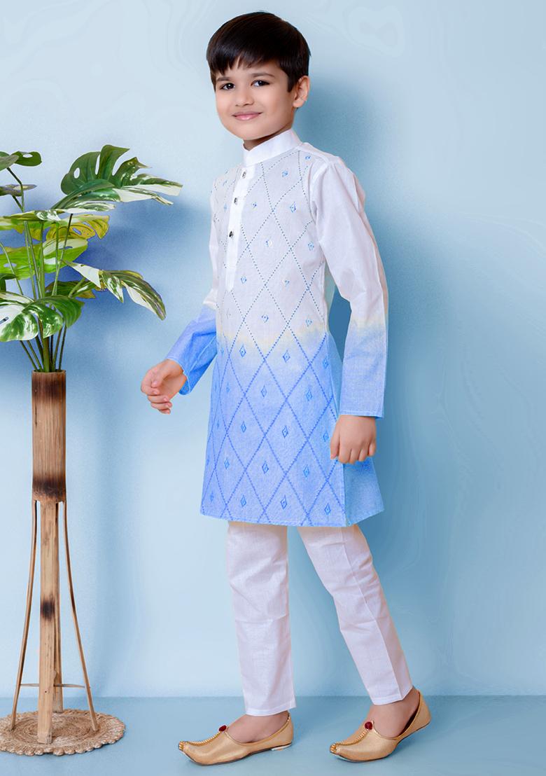 Blue Embroidered Cotton Kurta Set For Boy