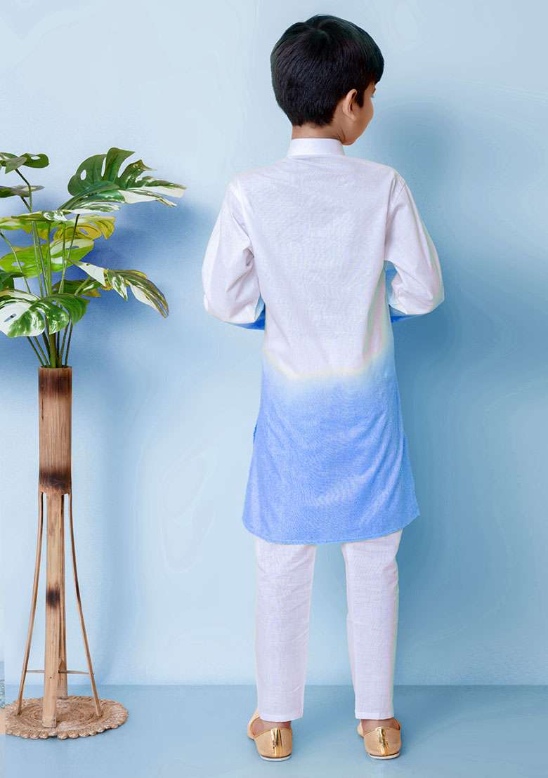 Blue Embroidered Cotton Kurta Set For Boy - Indya