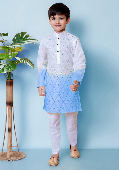 Blue Embroidered Cotton Kurta Set For Boy