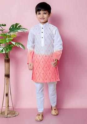 Tomato Orange Embroidered Cotton Kurta Set For Boy