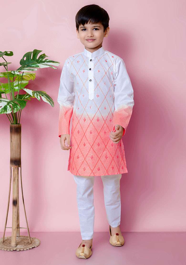 Tomato Orange Embroidered Cotton Kurta Set For Boy - Indya