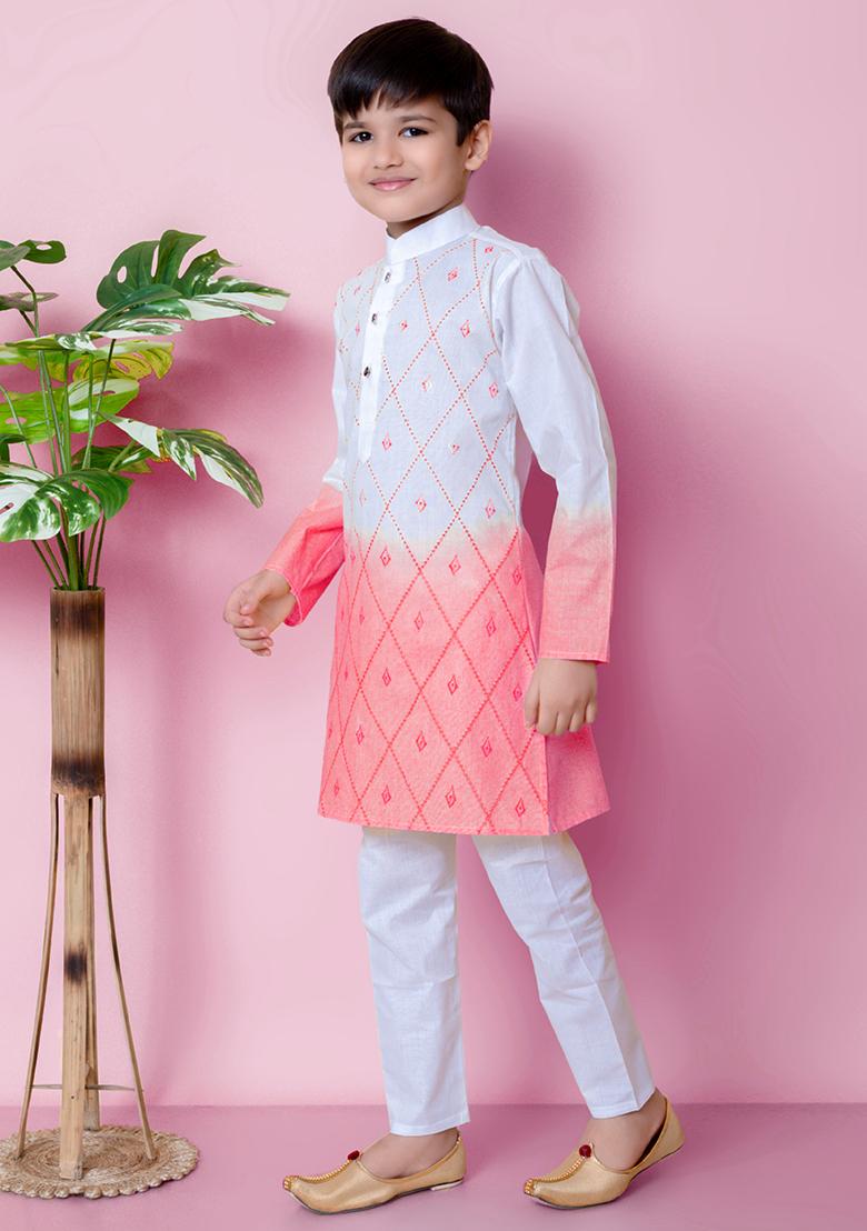 Tomato Orange Embroidered Cotton Kurta Set For Boy