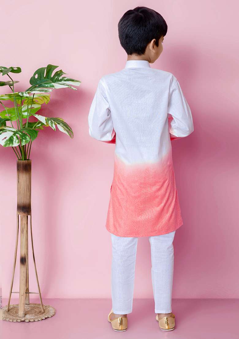 Tomato Orange Embroidered Cotton Kurta Set For Boy - Indya