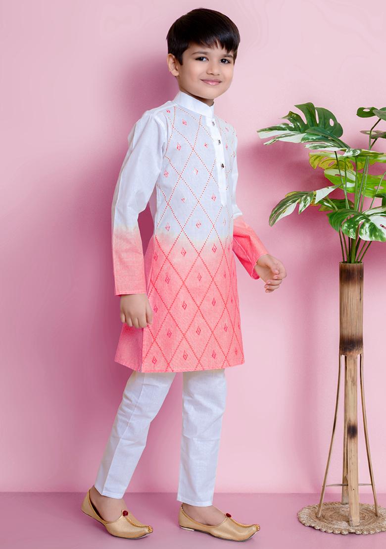 Tomato Orange Embroidered Cotton Kurta Set For Boy