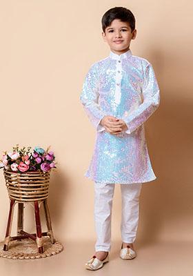 White Embroidered Silk Kurta Set For Boy