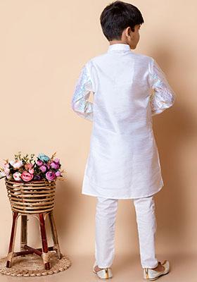 White Embroidered Silk Kurta Set For Boy