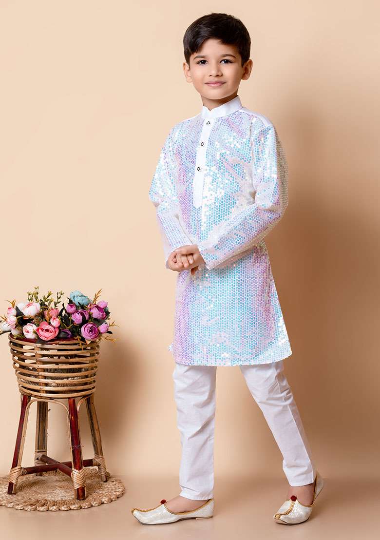 White Embroidered Silk Kurta Set For Boy - Indya