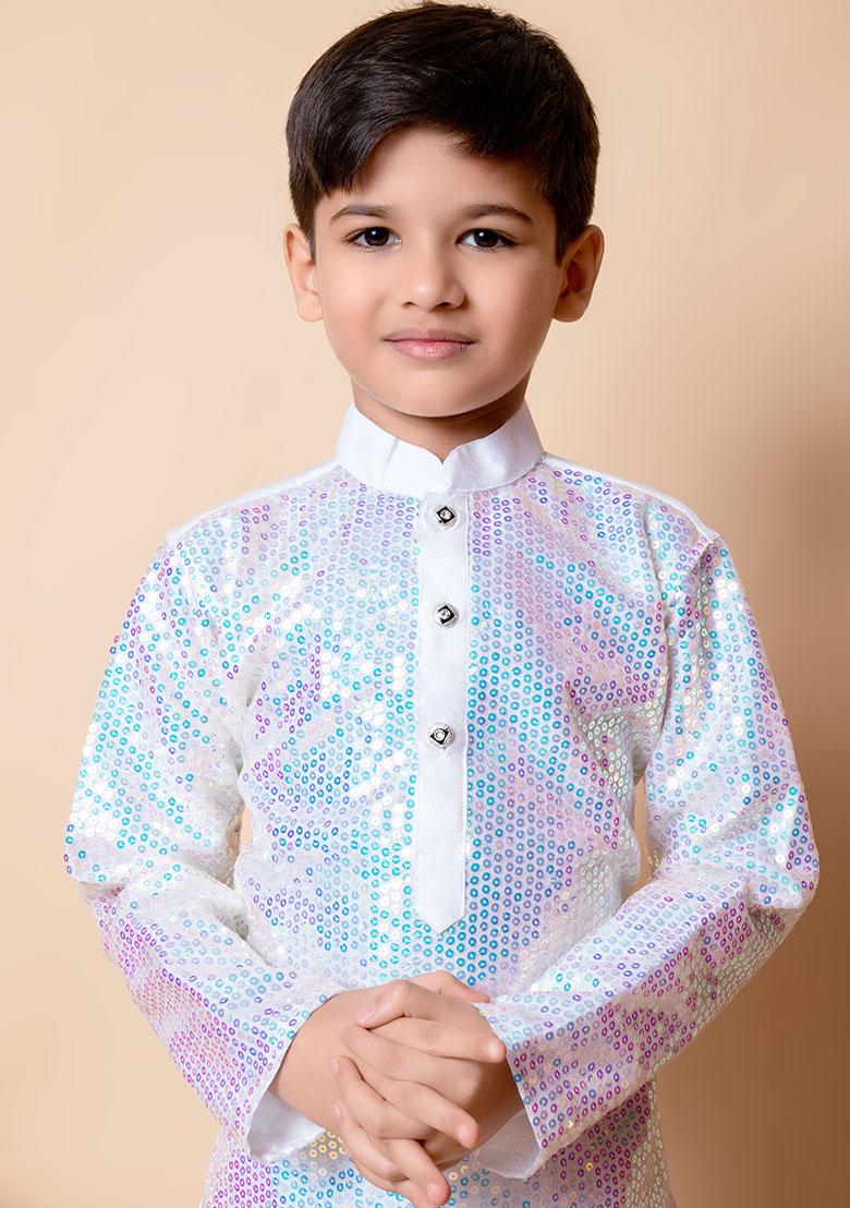 White Embroidered Silk Kurta Set For Boy