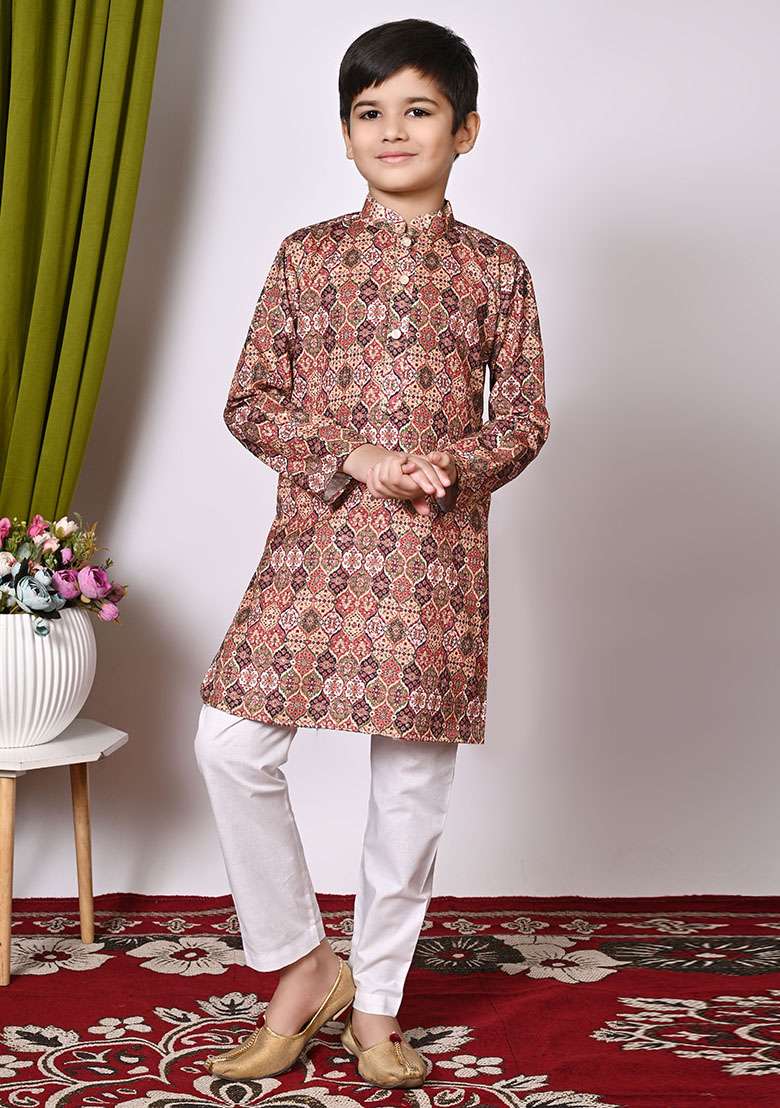 Maroon Embroidered Cotton Kurta Set For Boy - Indya