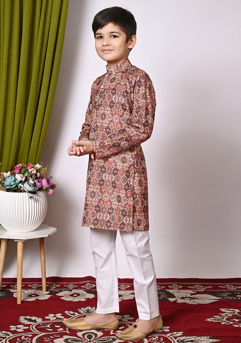 Maroon Embroidered Cotton Kurta Set For Boy