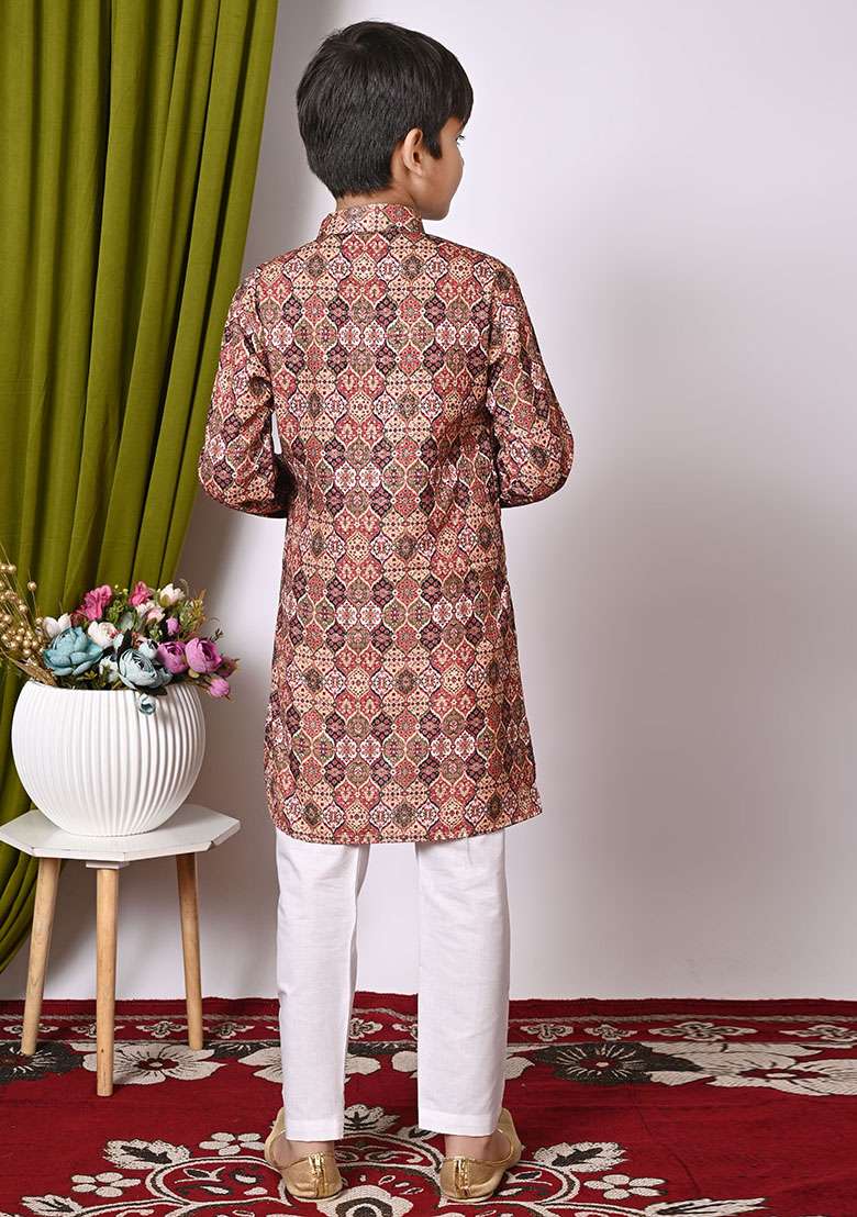 Maroon Embroidered Cotton Kurta Set For Boy - Indya