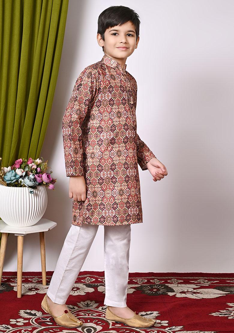 Maroon Embroidered Cotton Kurta Set For Boy