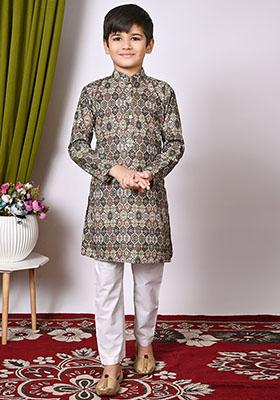Deep Green Embroidered Cotton Kurta Set For Boy