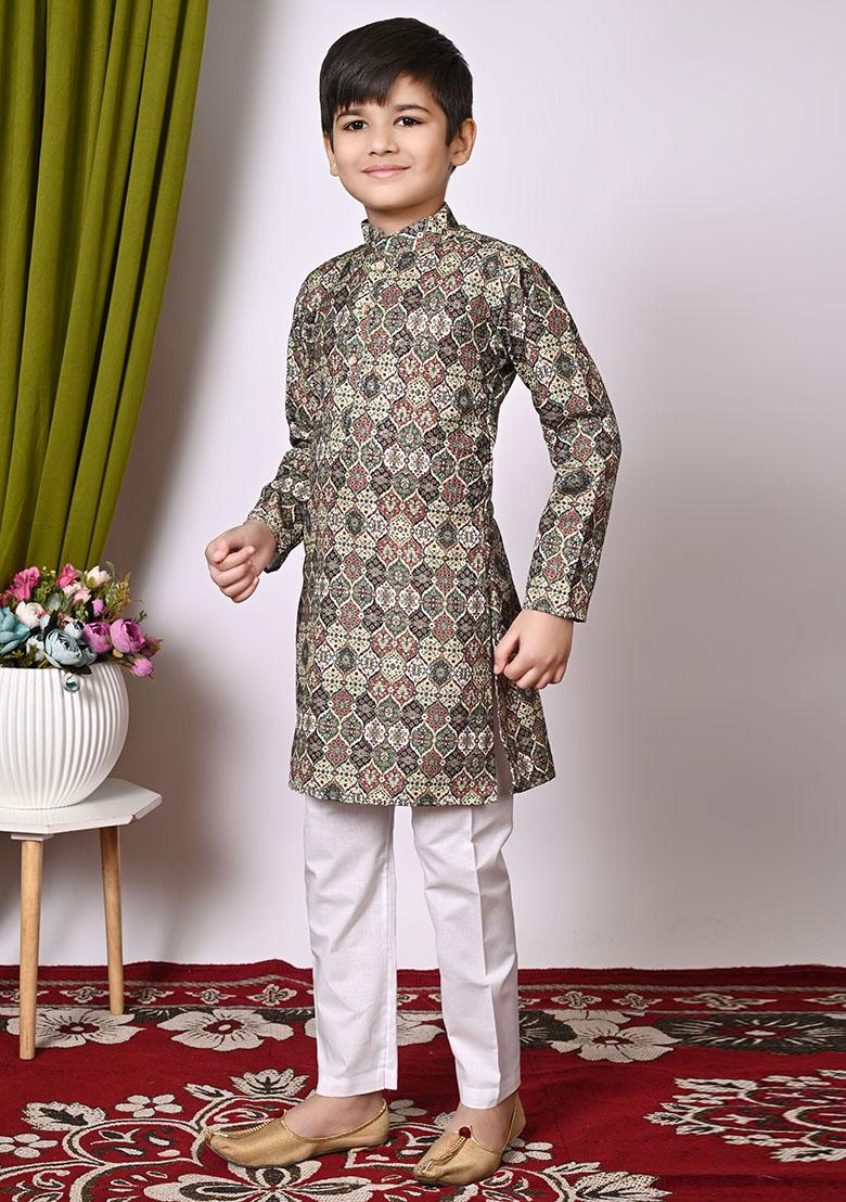Deep Green Embroidered Cotton Kurta Set For Boy