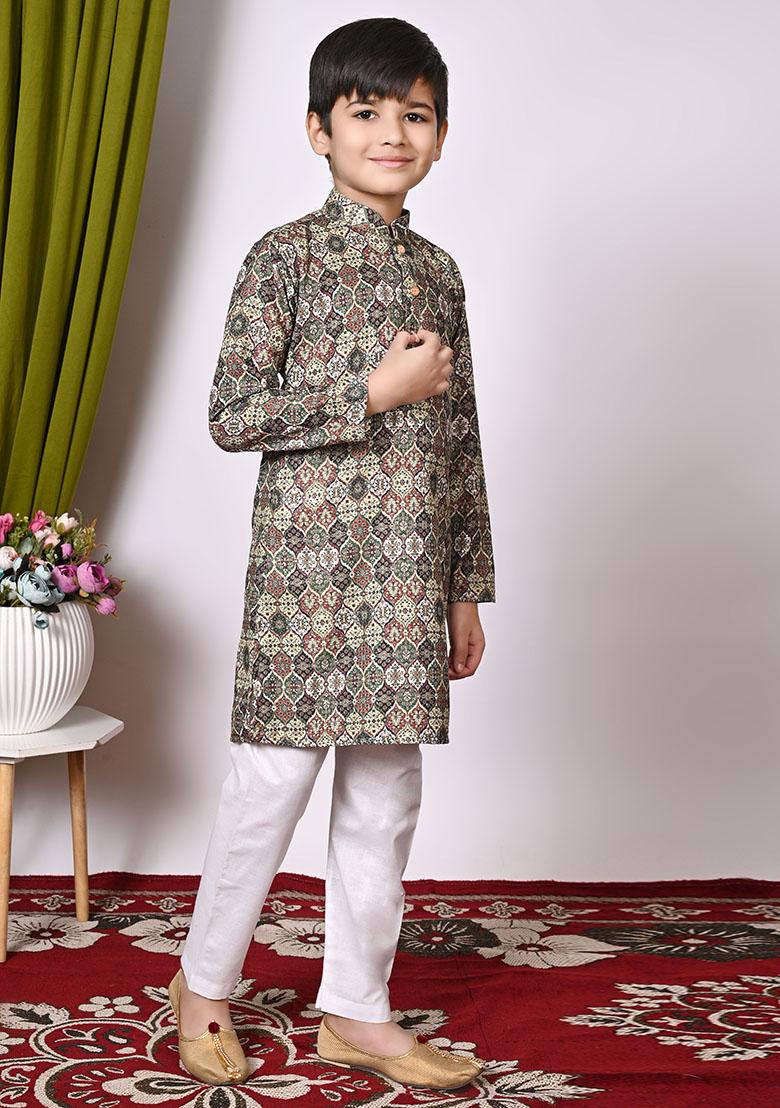 Deep Green Embroidered Cotton Kurta Set For Boy