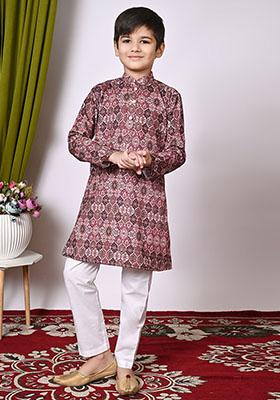 Peach Embroidered Cotton Kurta Set For Boy