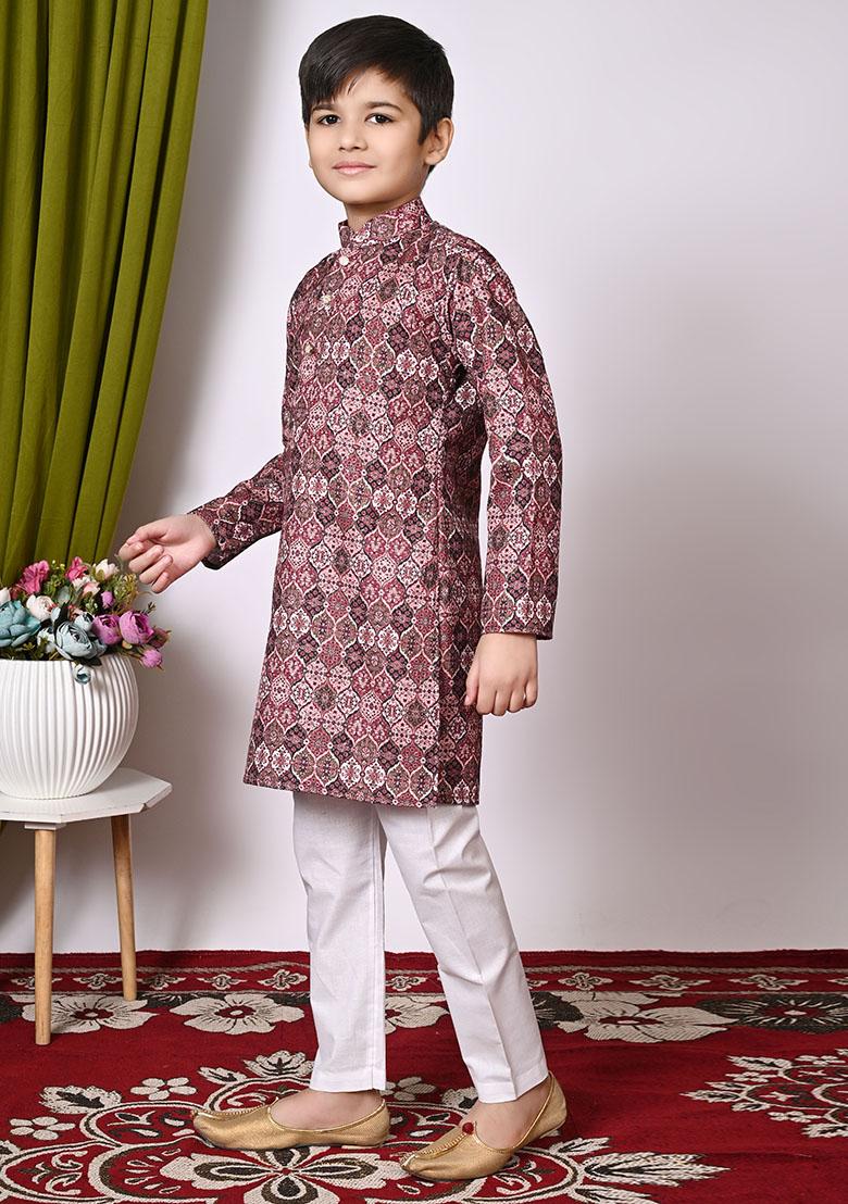 Peach Embroidered Cotton Kurta Set For Boy