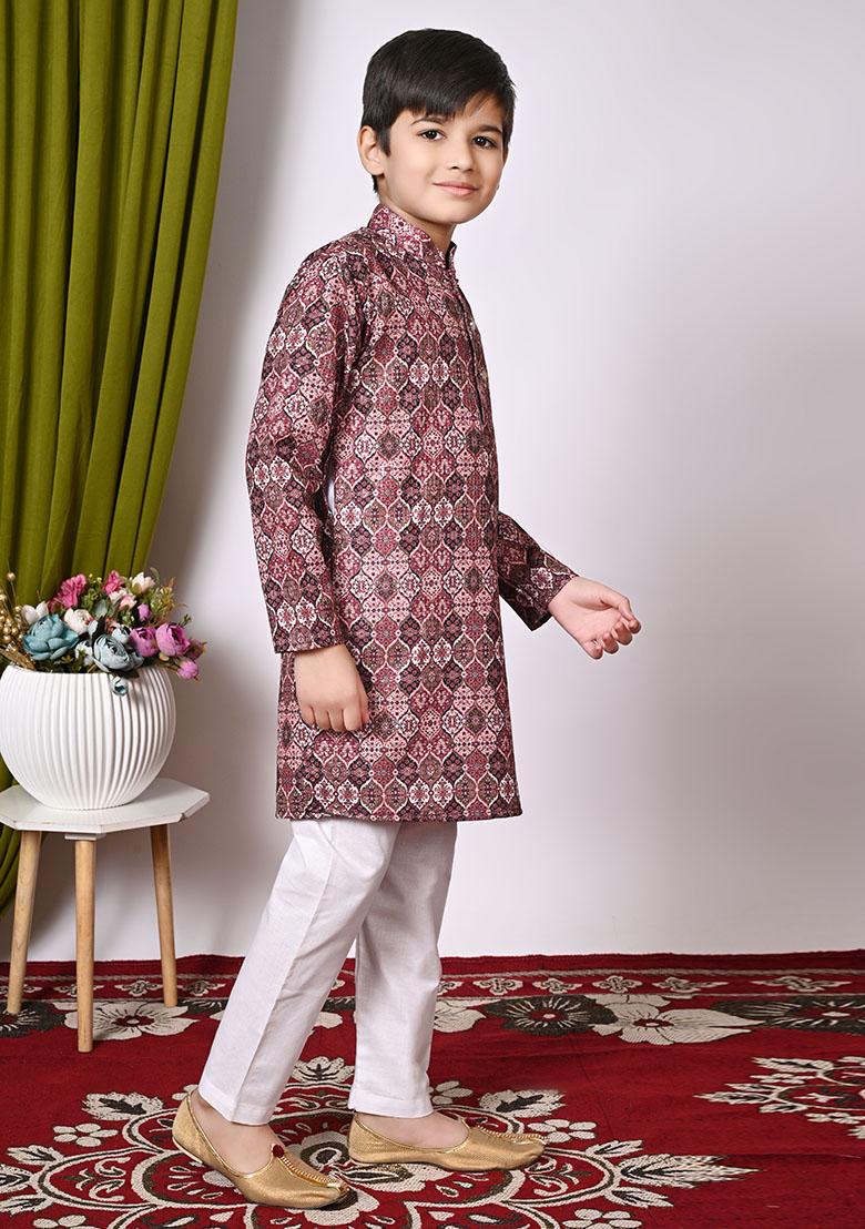 Peach Embroidered Cotton Kurta Set For Boy