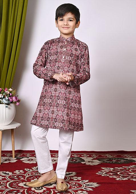 Peach Embroidered Cotton Kurta Set For Boy