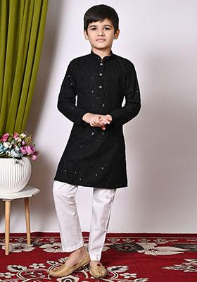 Black Embroidered Cotton Kurta Set For Boy