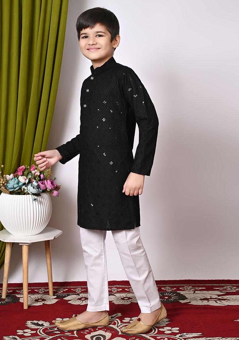 Black Embroidered Cotton Kurta Set For Boy
