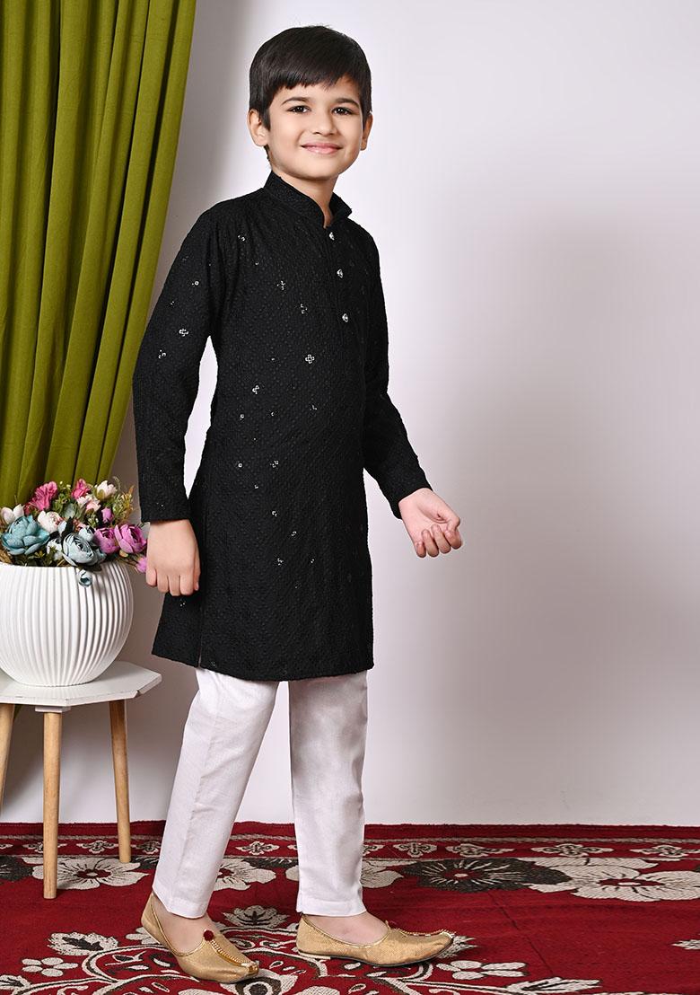 Black Embroidered Cotton Kurta Set For Boy